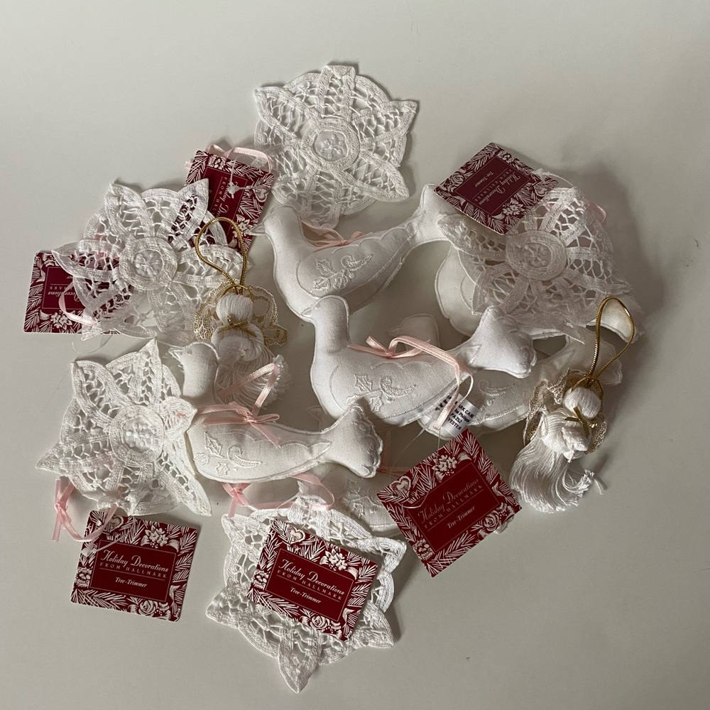 Vintage White Cloth Hallmarks “ Tre Trimmer” Holiday Ornaments set of 14